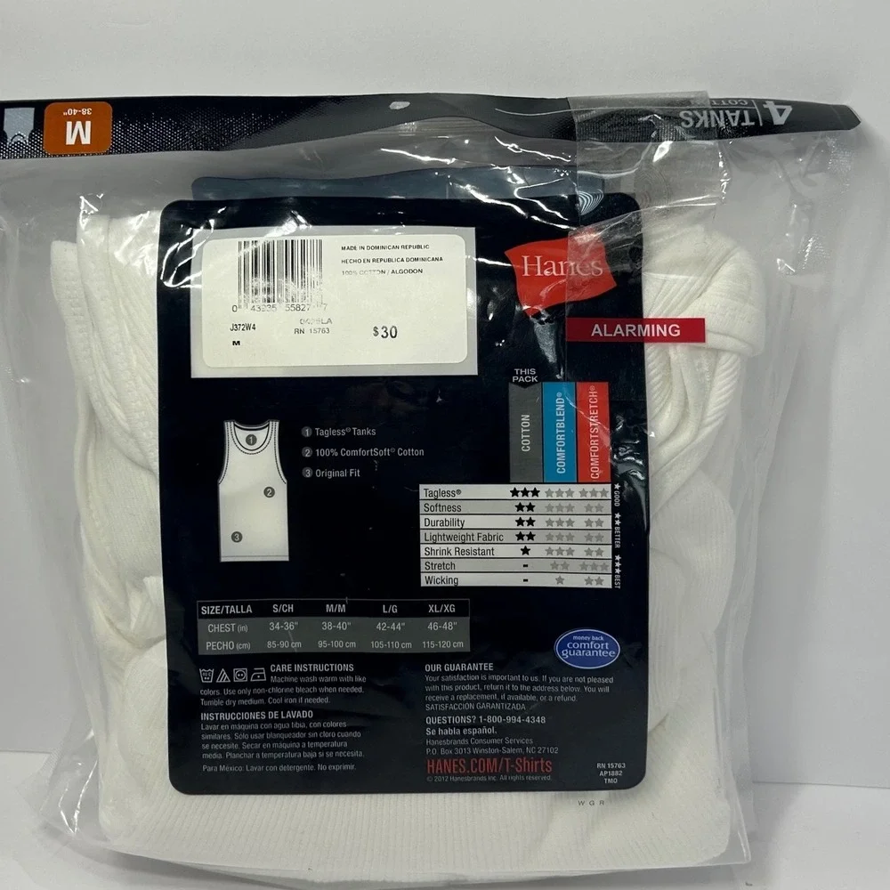 Hanes Mens 4-Pack Tagless Tank Tops White Comfort Soft Cotton Size M New